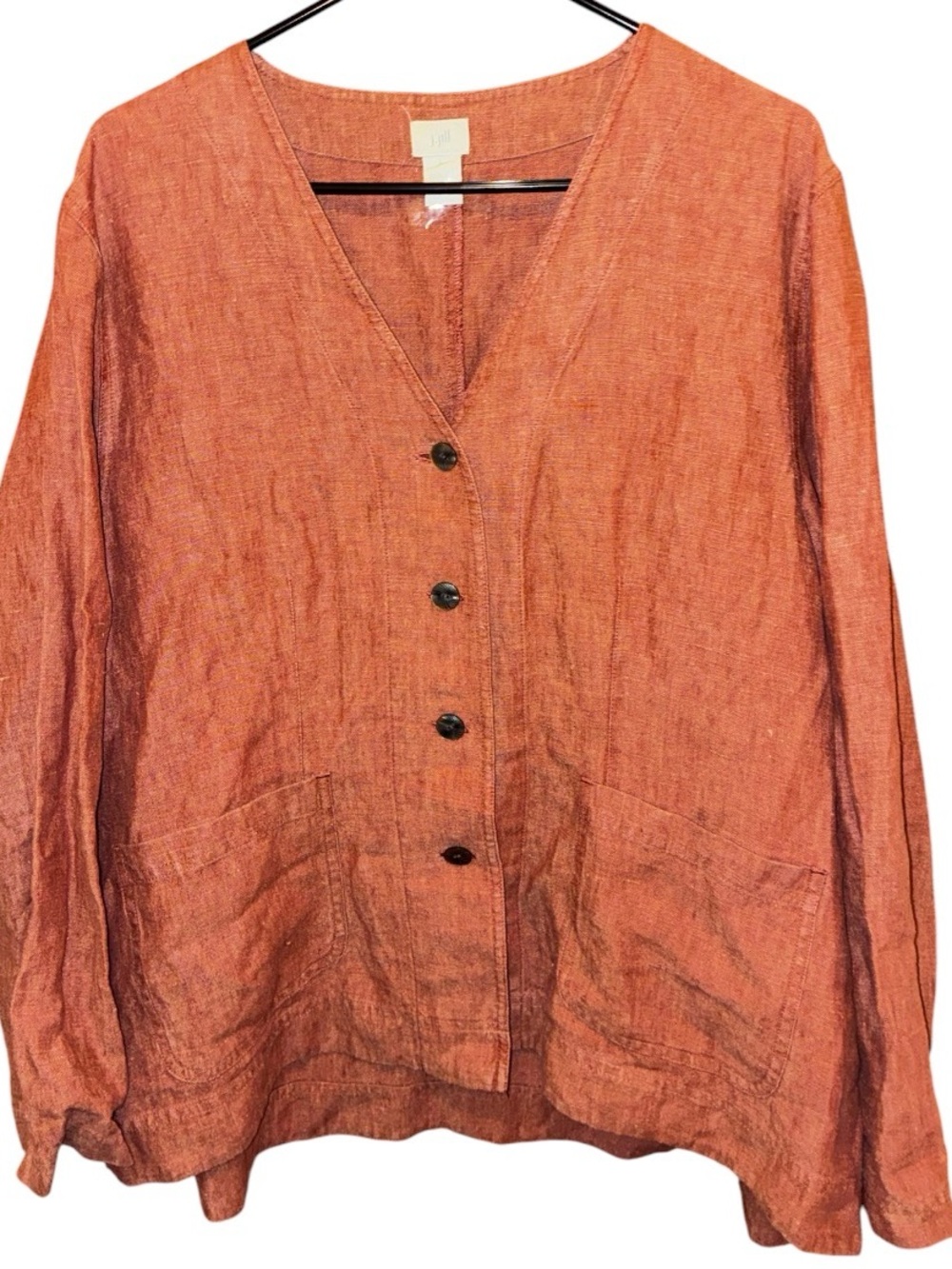 J Jill Womens L Linen Button Front Shirt Jacket Top Coral Pockets